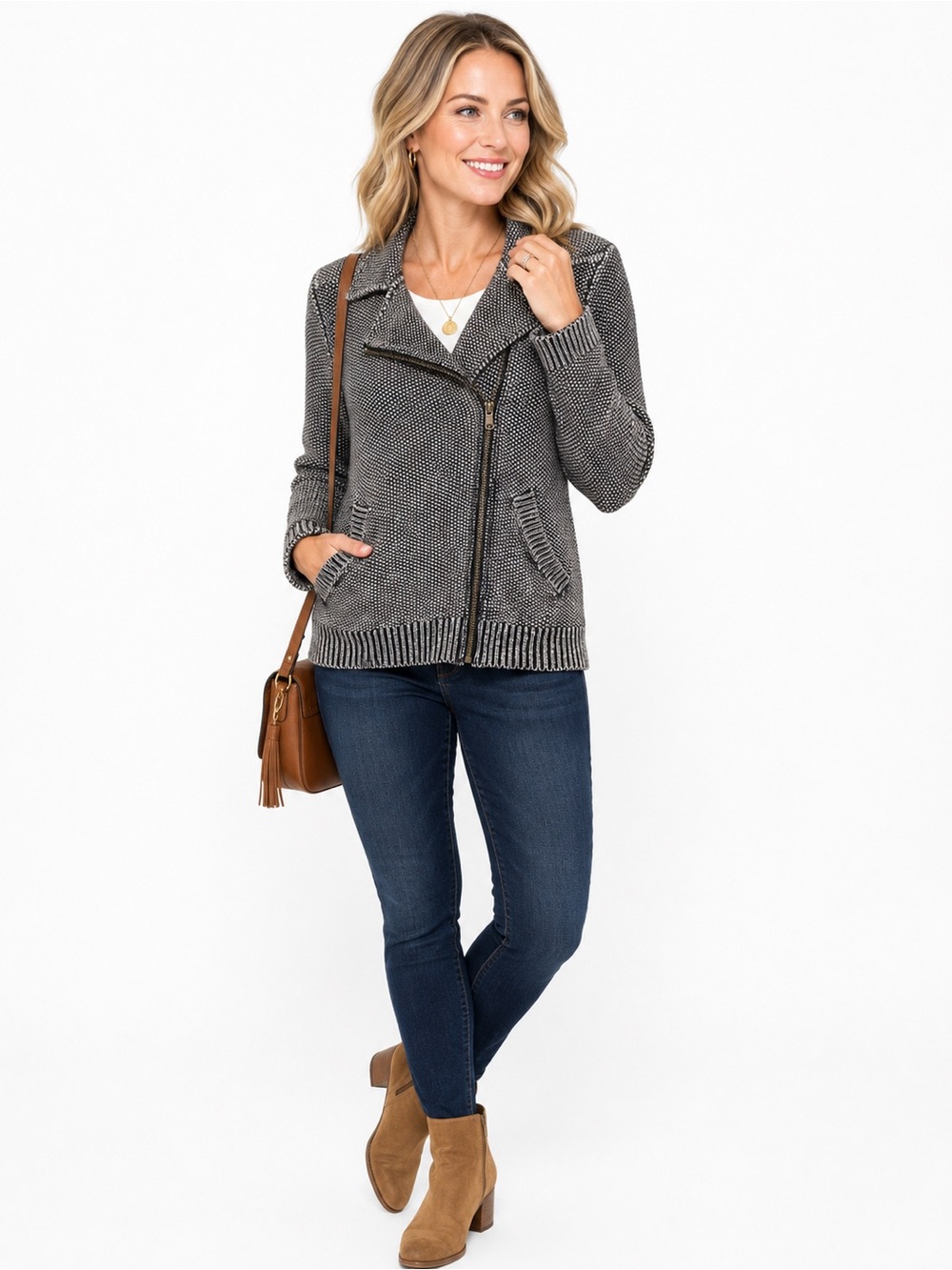 Free People Asymmetrical Zip Knit Moto Sweater Jacket Gray Women’s Small
